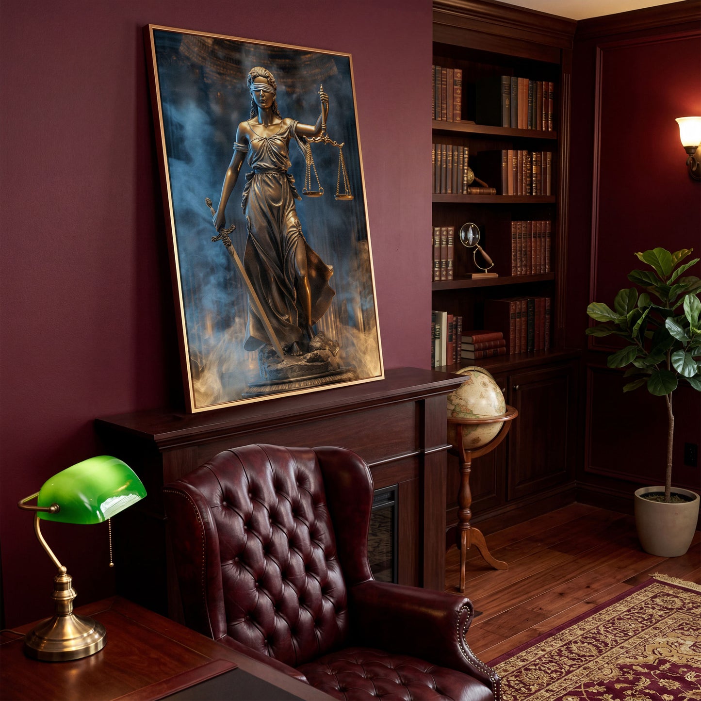 Lady Justice Canvas Print with Sword in antique gold floating frame
