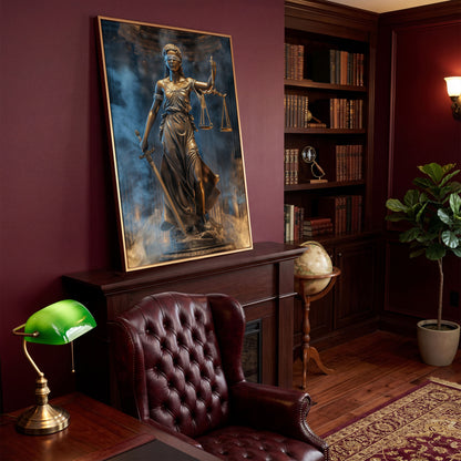 Lady Justice Canvas Print with Sword in antique gold floating frame