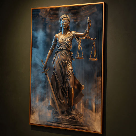 Lady Justice Canvas Print with Sword shown in antique gold floating frame