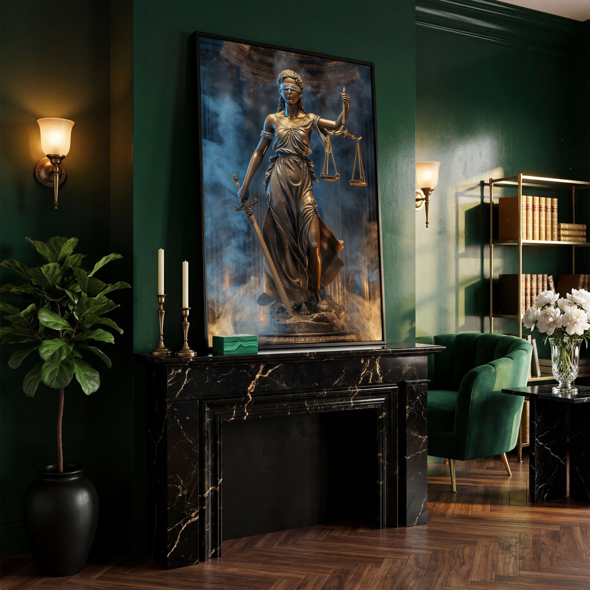 Lady Justice Canvas Print with Sword in black floating frame