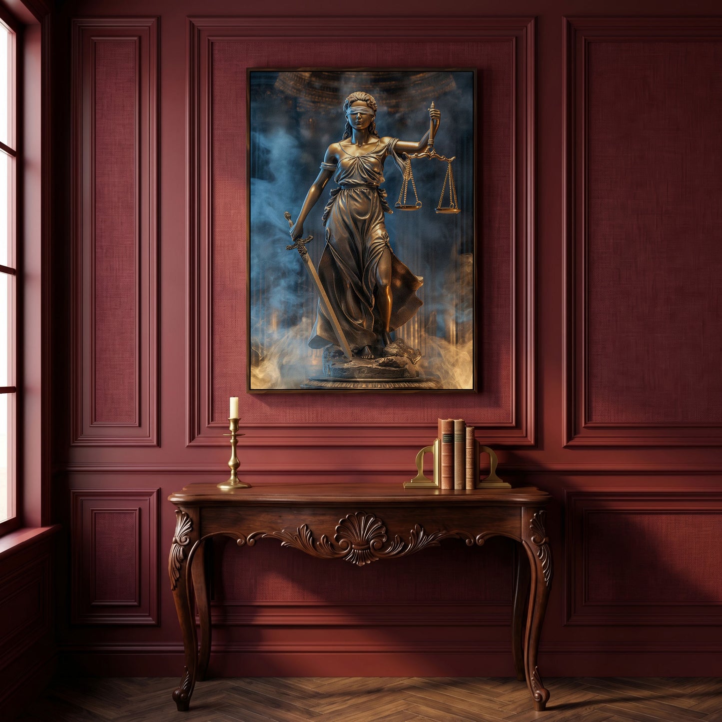 Lady Justice Canvas Print with Sword in dark walnut floating frame