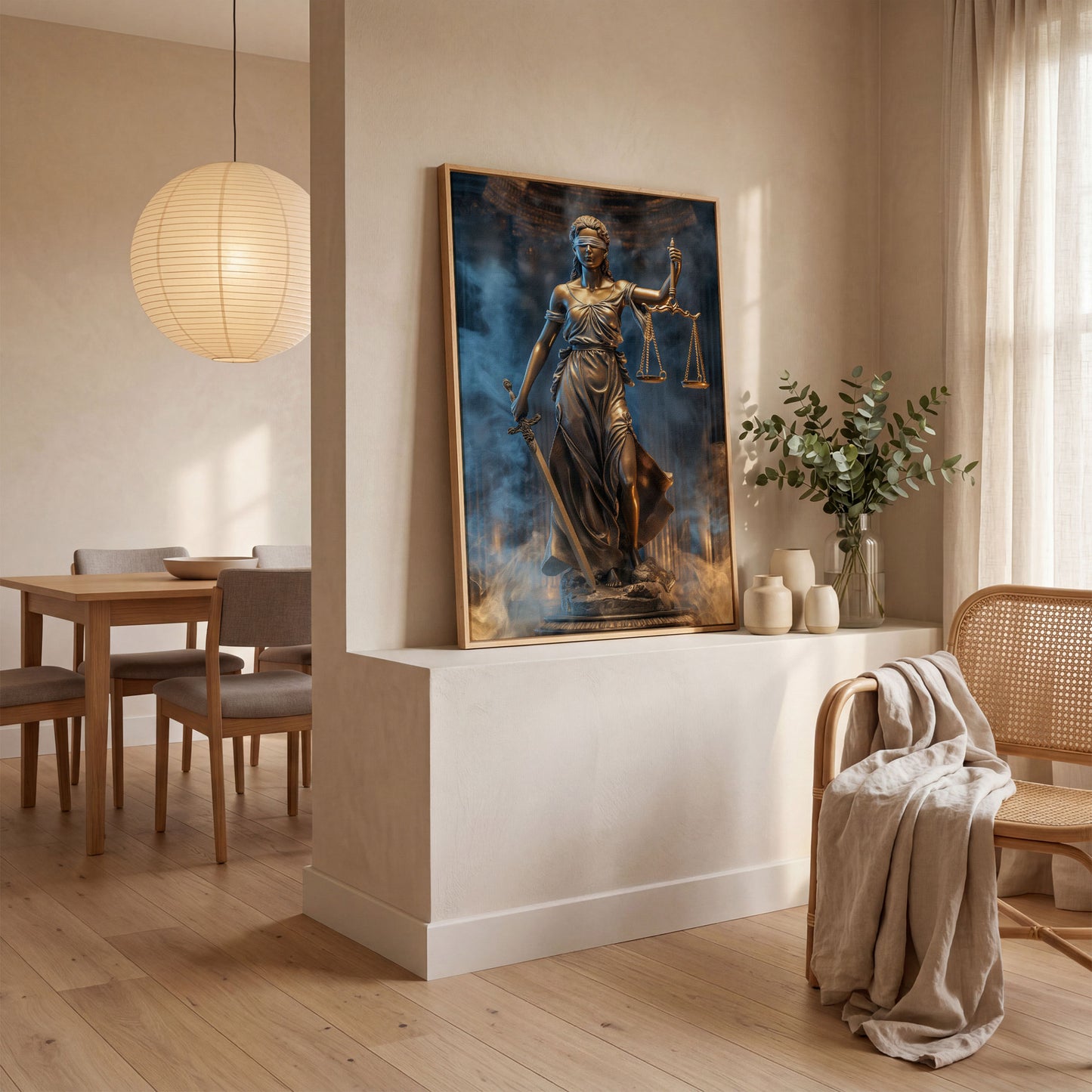 Lady Justice Canvas Print with Sword in white oak floating frame