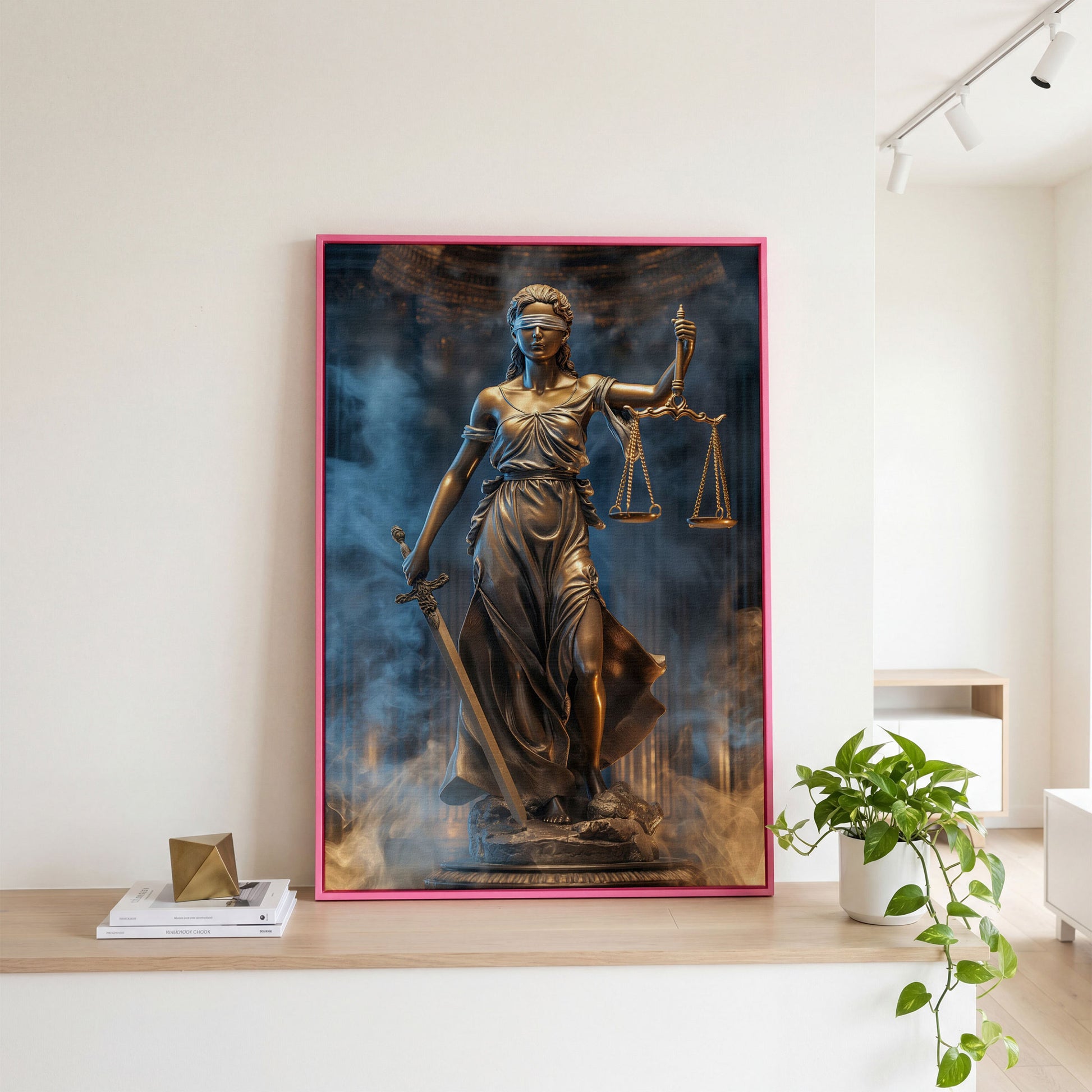 Lady Justice Canvas Print with Sword in pink floating frame