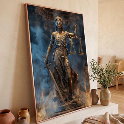 Lady Justice Canvas Print with Sword in rose gold floating frame
