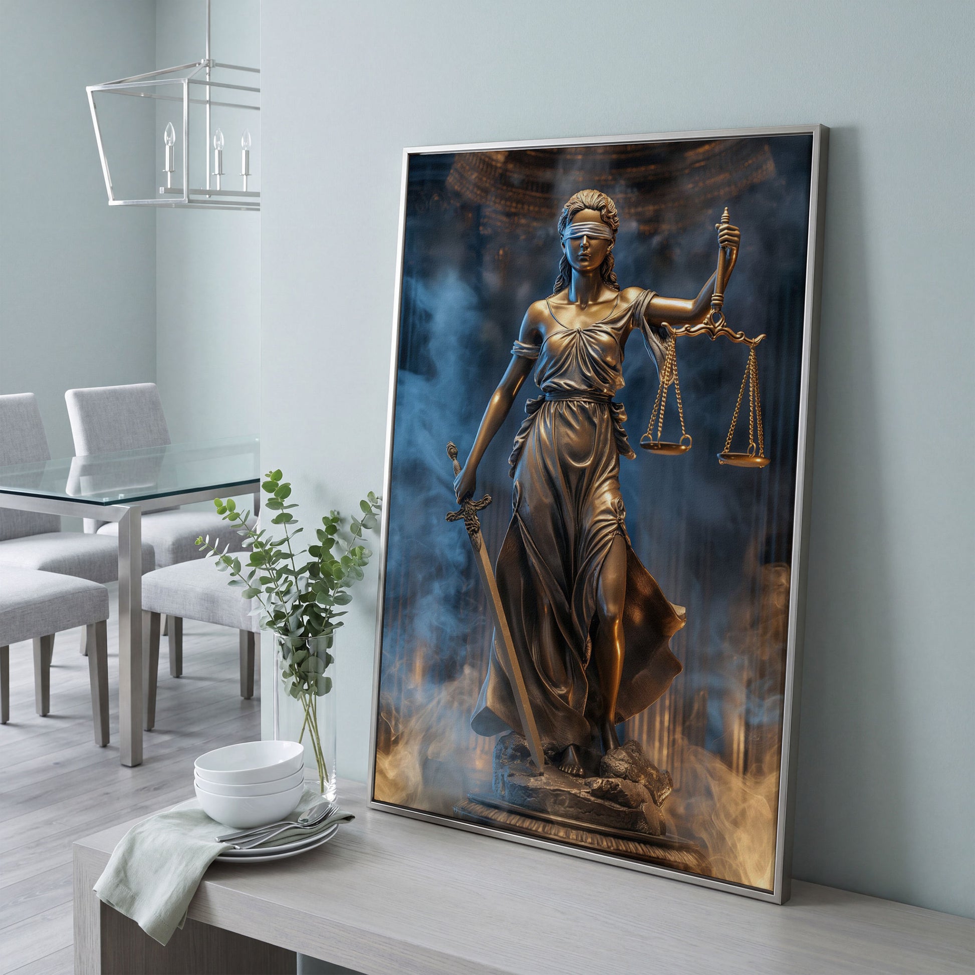 Lady Justice Canvas Print with Sword in silver floating frame