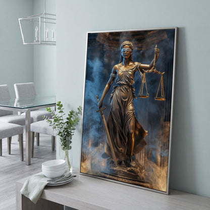 Lady Justice Canvas Print with Sword in silver floating frame