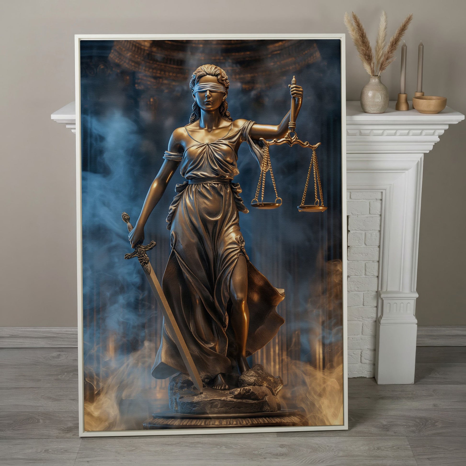 Lady Justice Canvas Print with Sword in white floating frame