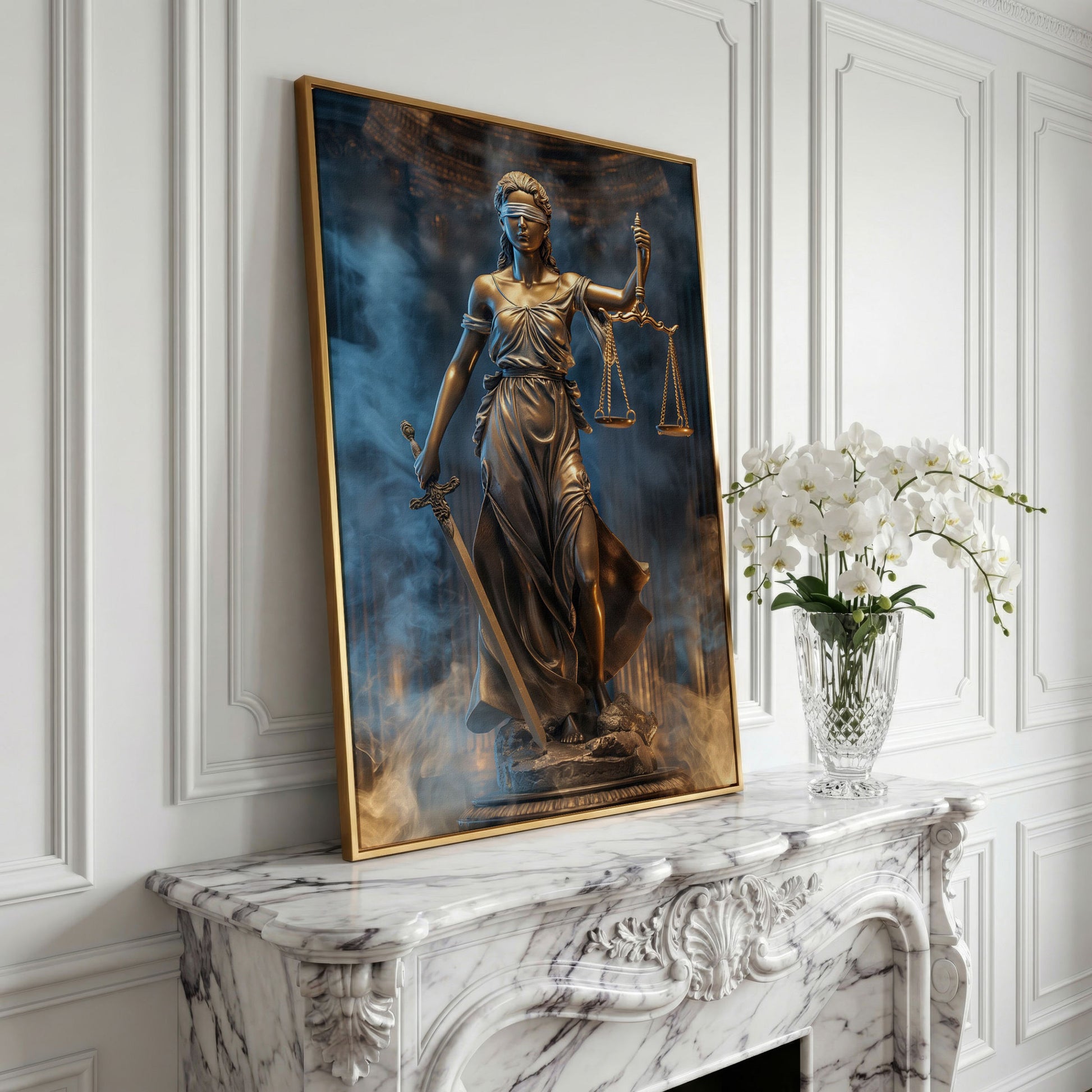 Lady Justice Canvas Print with Sword in yellow gold floating frame