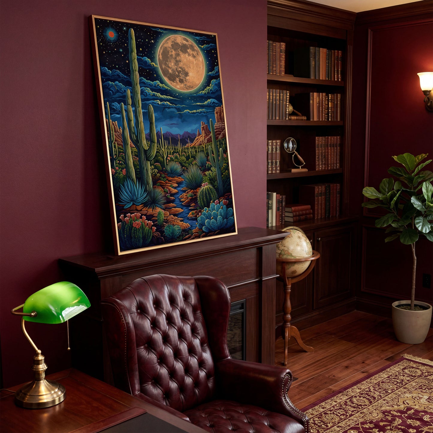 Magical Desert Night Canvas Print with Vibrant Cacti in antique gold floating frame