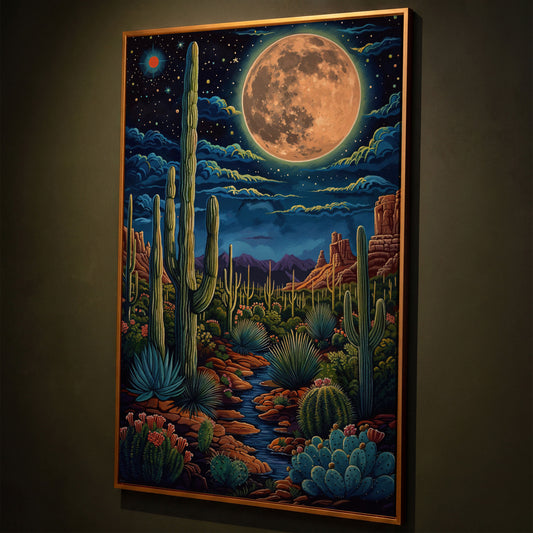 Magical Desert Night Canvas Print with Vibrant Cacti shown in antique gold floating frame