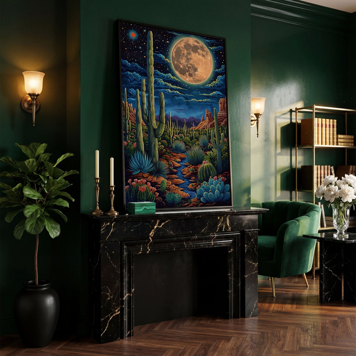 Magical Desert Night Canvas Print with Vibrant Cacti in black floating frame