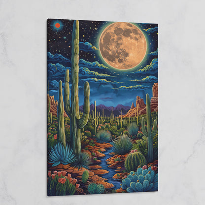 Magical Desert Night Canvas Print with Vibrant Cacti on gallery wrap