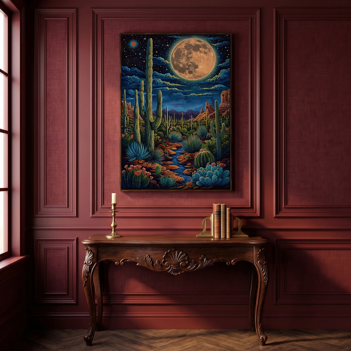 Magical Desert Night Canvas Print with Vibrant Cacti in dark walnut floating frame