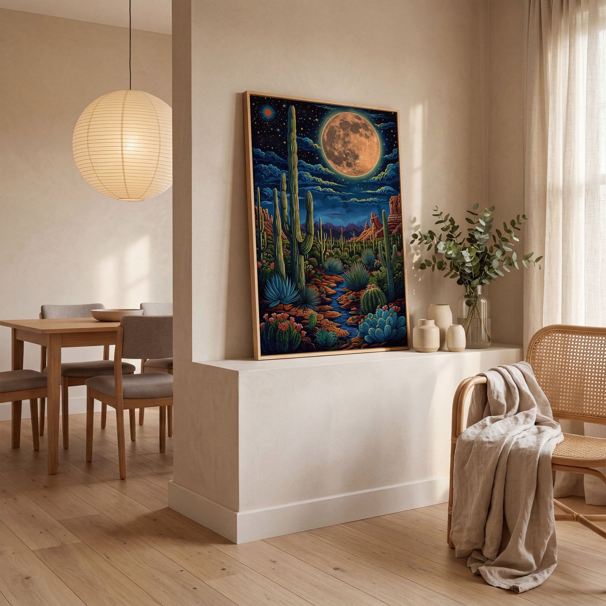 Magical Desert Night Canvas Print with Vibrant Cacti in white oak floating frame
