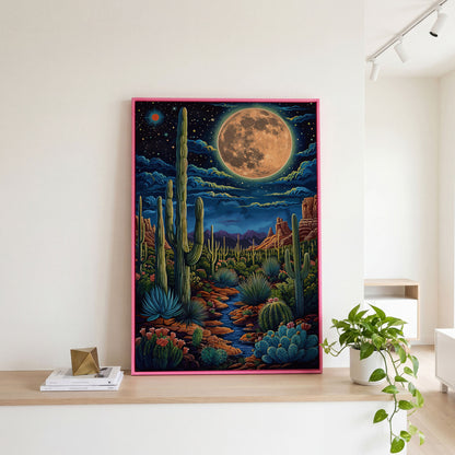 Magical Desert Night Canvas Print with Vibrant Cacti in pink floating frame