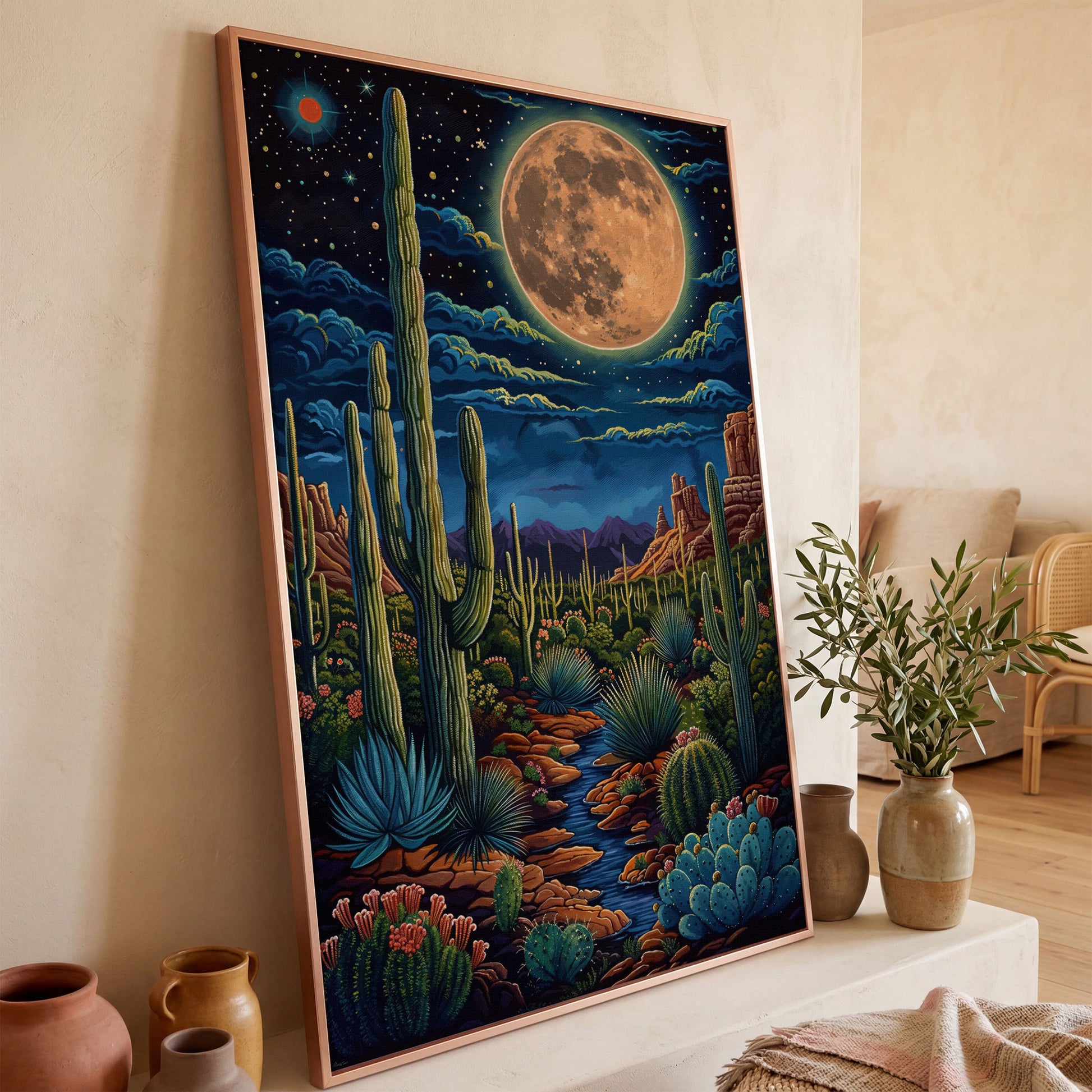 Magical Desert Night Canvas Print with Vibrant Cacti in rose gold floating frame