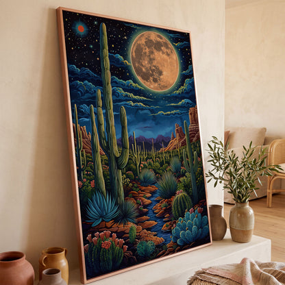 Magical Desert Night Canvas Print with Vibrant Cacti in rose gold floating frame