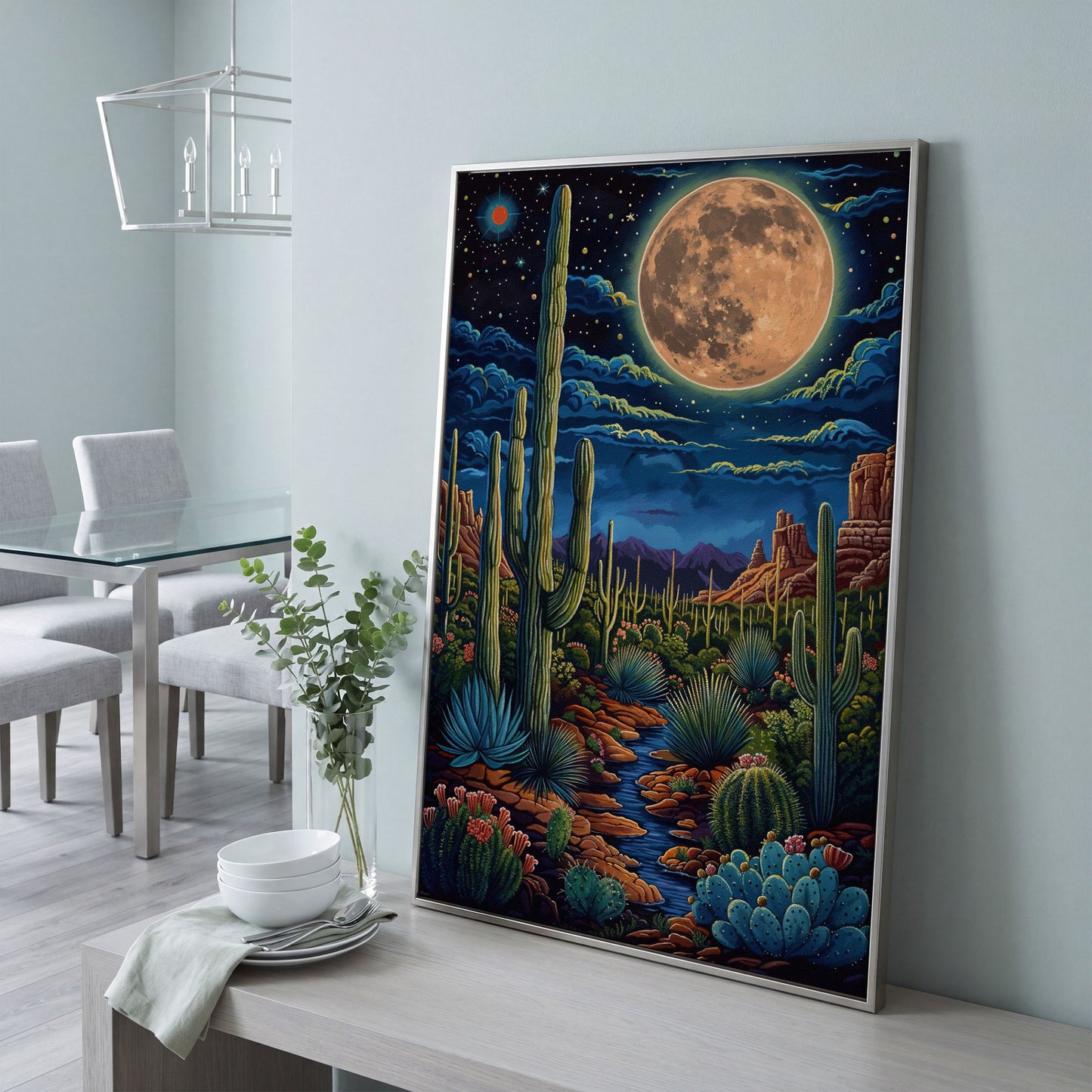 Magical Desert Night Canvas Print with Vibrant Cacti in silver floating frame
