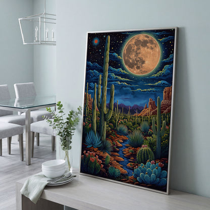 Magical Desert Night Canvas Print with Vibrant Cacti in silver floating frame