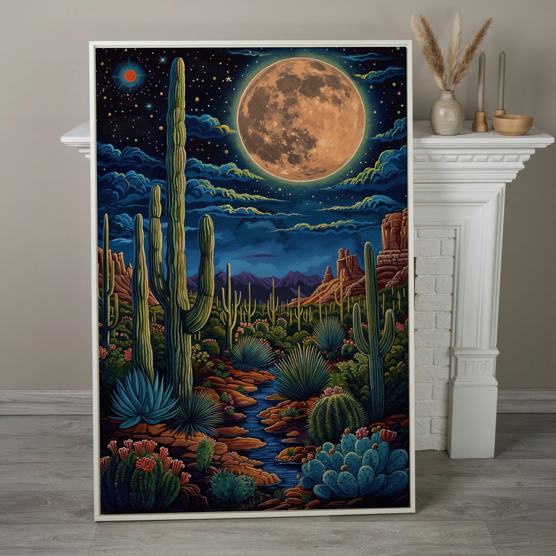 Magical Desert Night Canvas Print with Vibrant Cacti in white floating frame