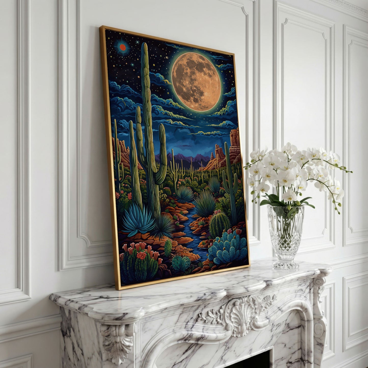 Magical Desert Night Canvas Print with Vibrant Cacti in yellow gold floating frame
