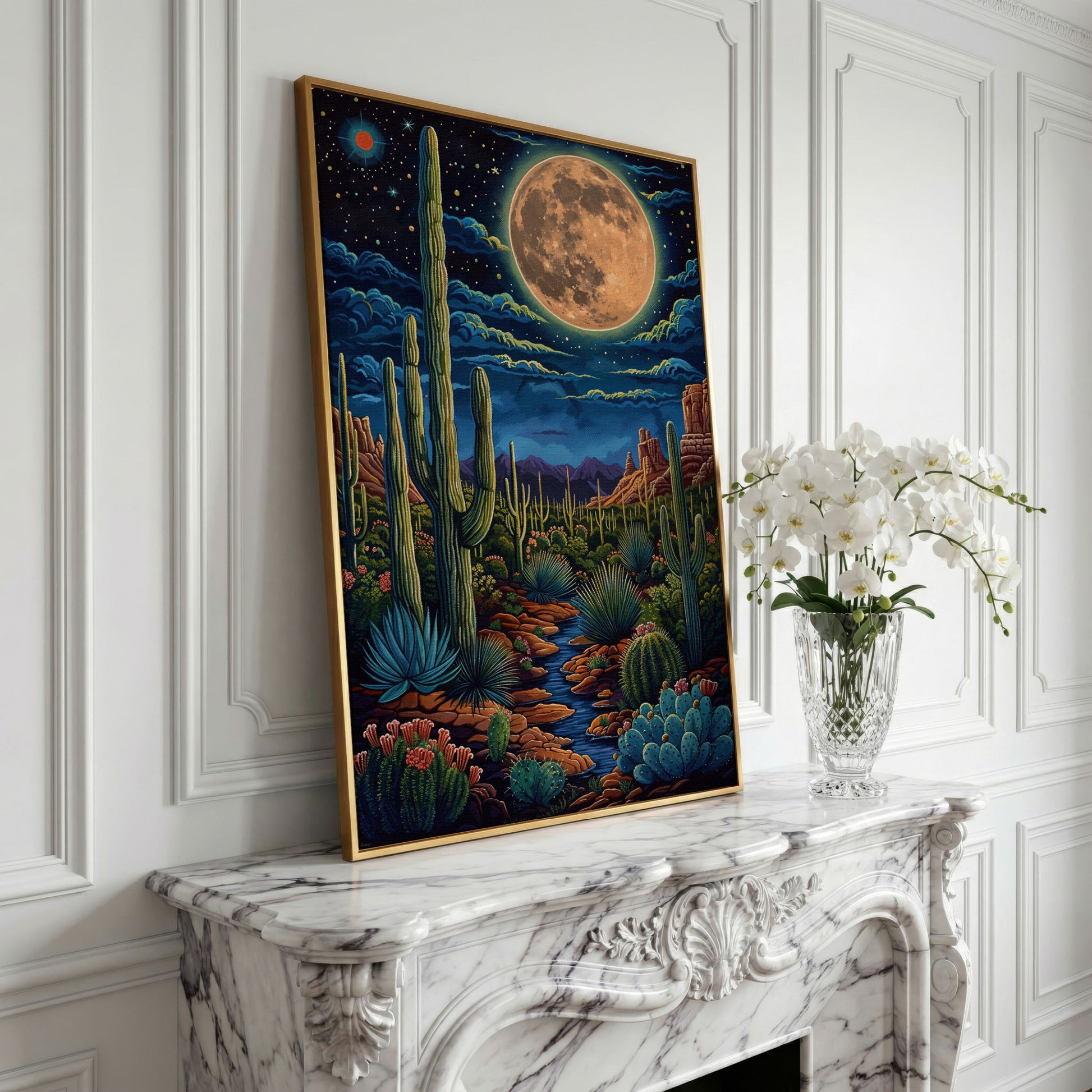 Magical Desert Night Canvas Print with Vibrant Cacti in yellow gold floating frame