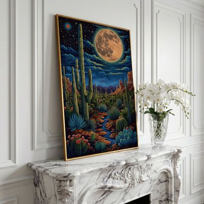 Magical Desert Night Canvas Print with Vibrant Cacti in yellow gold floating frame