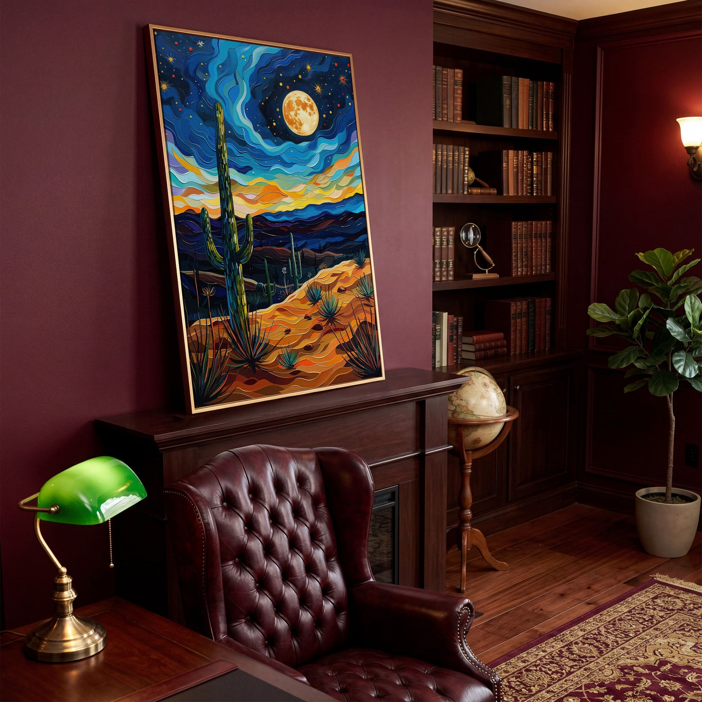 Surreal Desert Night Canvas Print with Vibrant Stars in antique gold floating frame