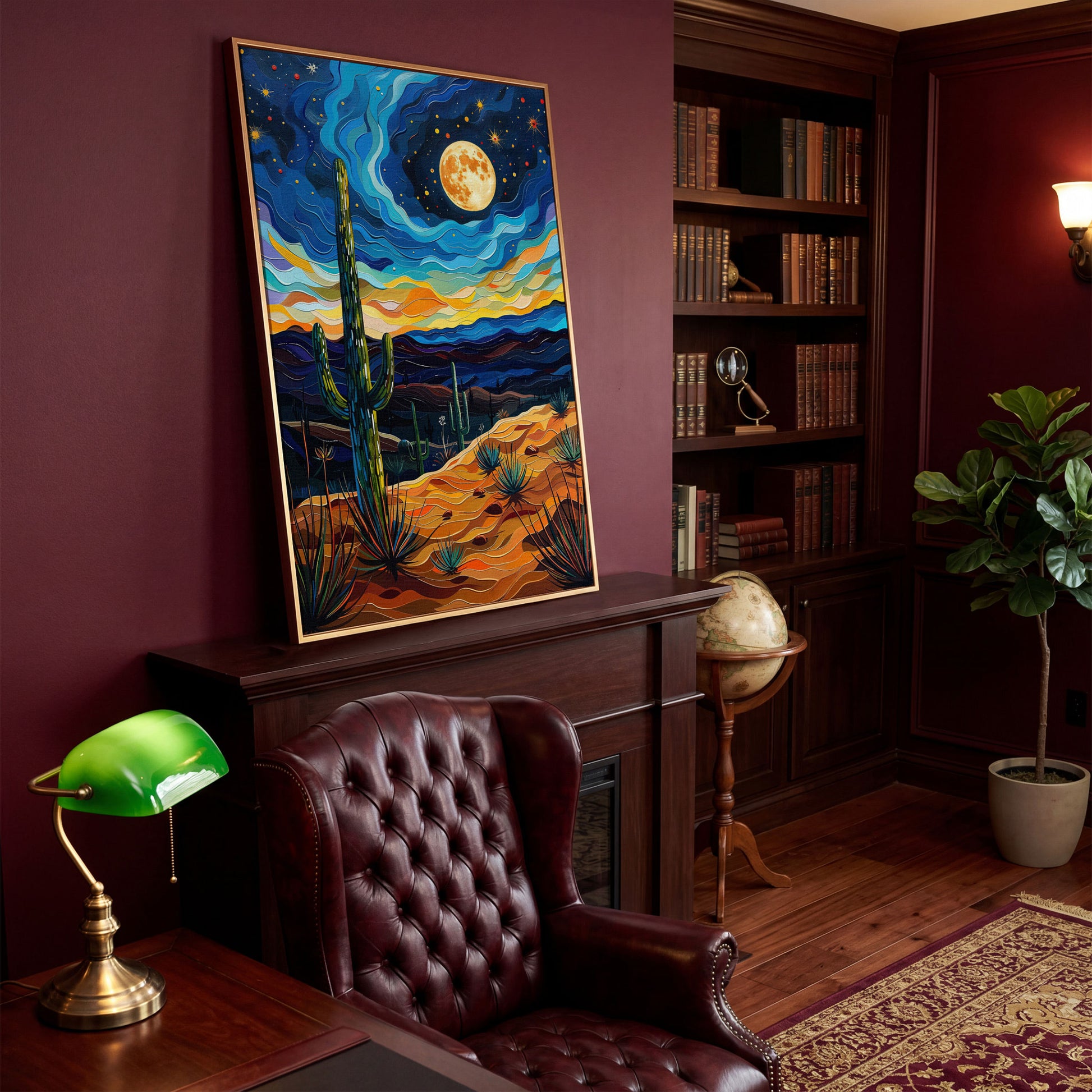 Surreal Desert Night Canvas Print with Vibrant Stars in antique gold floating frame
