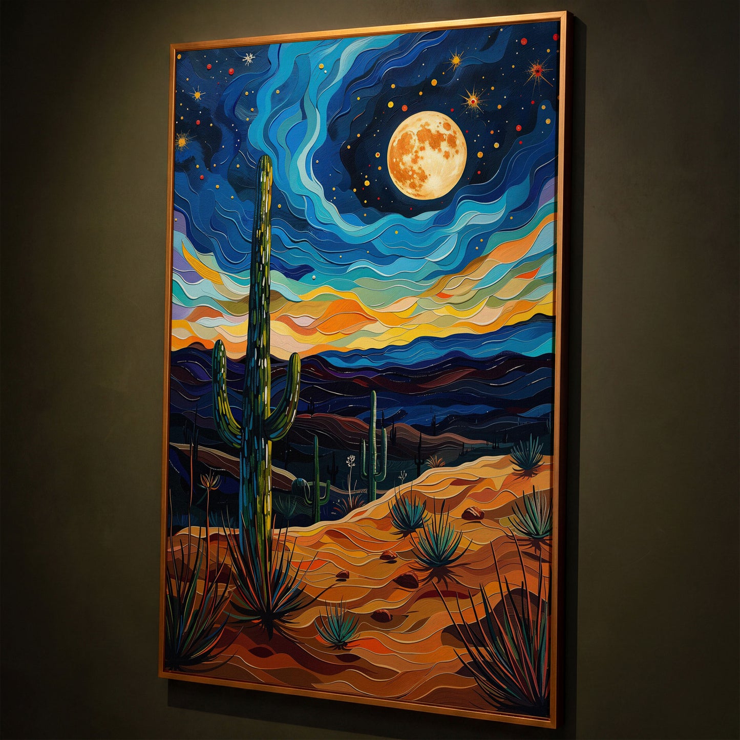 Surreal Desert Night Canvas Print with Vibrant Stars shown in antique gold floating frame
