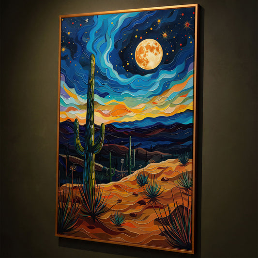 Surreal Desert Night Canvas Print with Vibrant Stars shown in antique gold floating frame