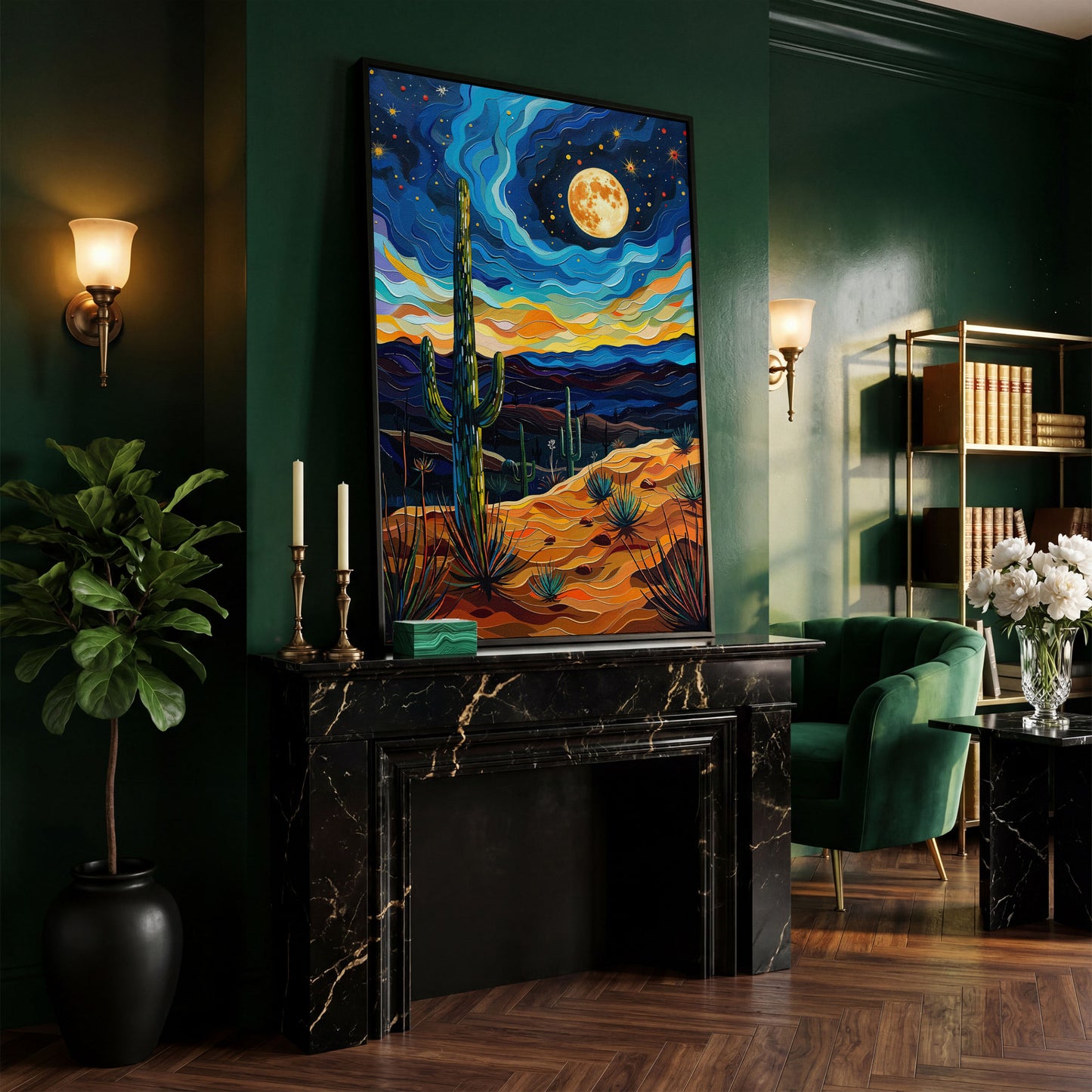 Surreal Desert Night Canvas Print with Vibrant Stars in black floating frame