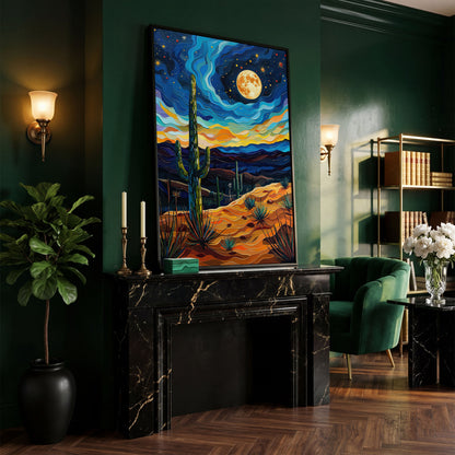 Surreal Desert Night Canvas Print with Vibrant Stars in black floating frame