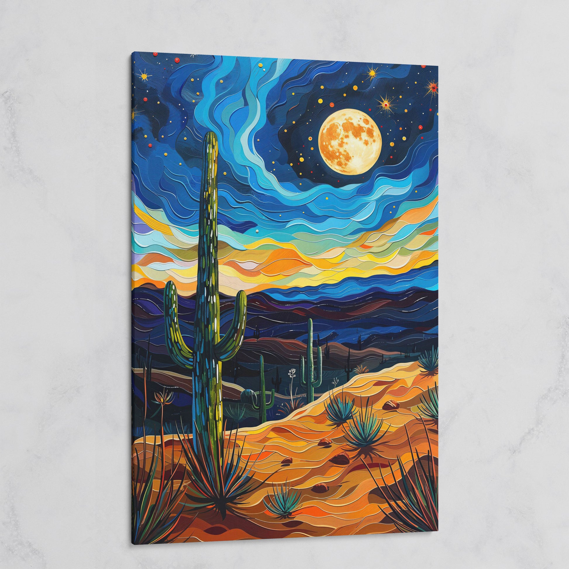 Surreal Desert Night Canvas Print with Vibrant Stars on gallery wrap