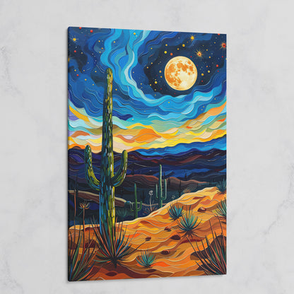 Surreal Desert Night Canvas Print with Vibrant Stars on gallery wrap