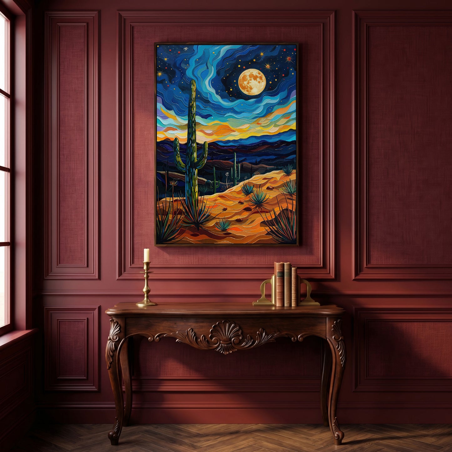 Surreal Desert Night Canvas Print with Vibrant Stars in dark walnut floating frame
