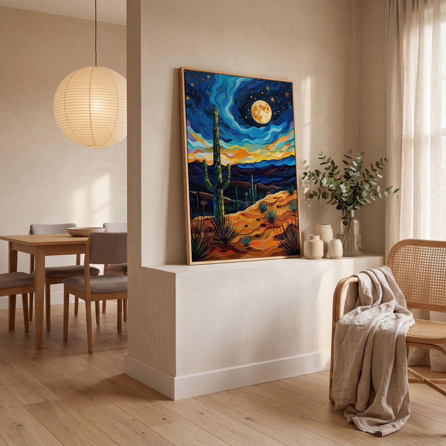 Surreal Desert Night Canvas Print with Vibrant Stars in white oak floating frame