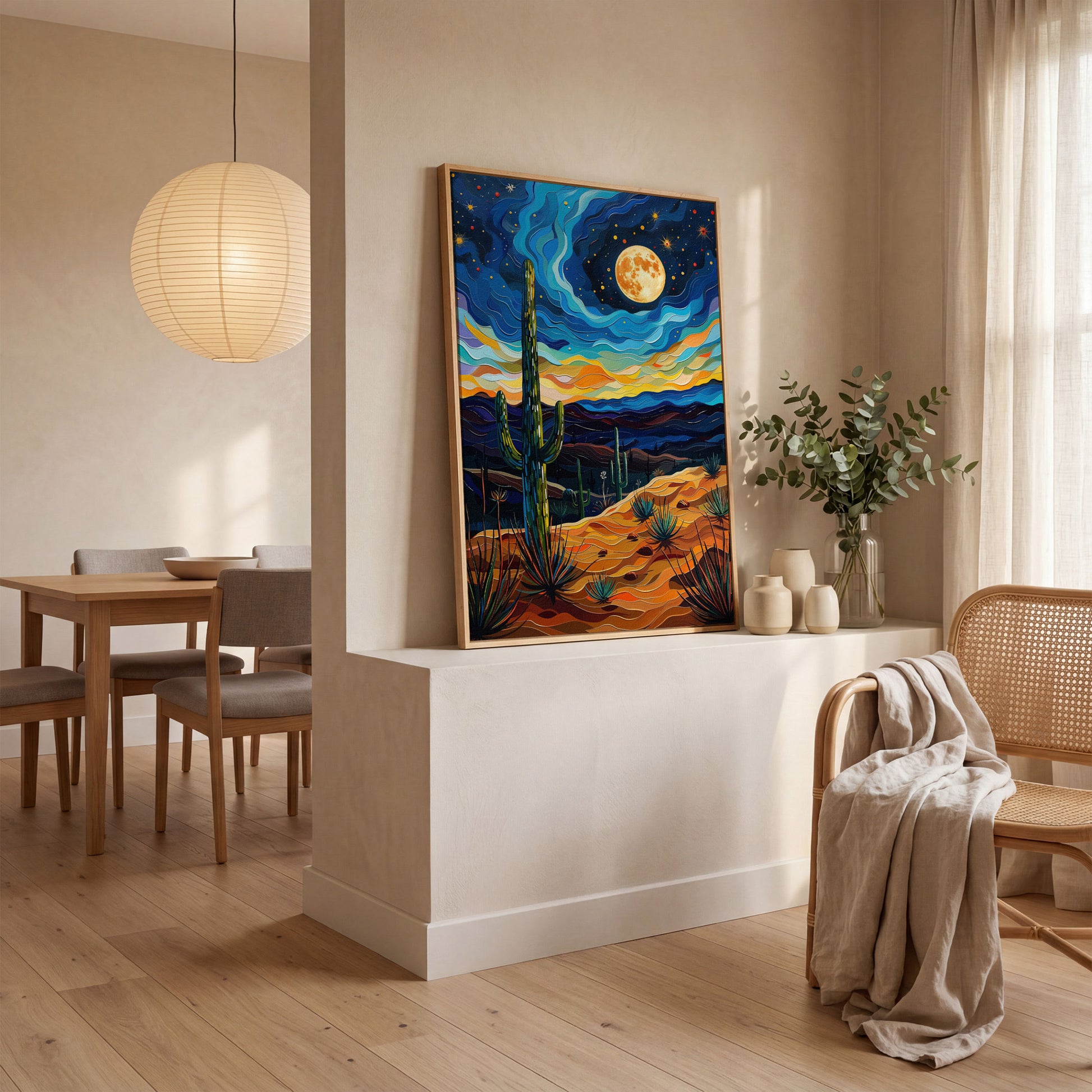 Surreal Desert Night Canvas Print with Vibrant Stars in white oak floating frame