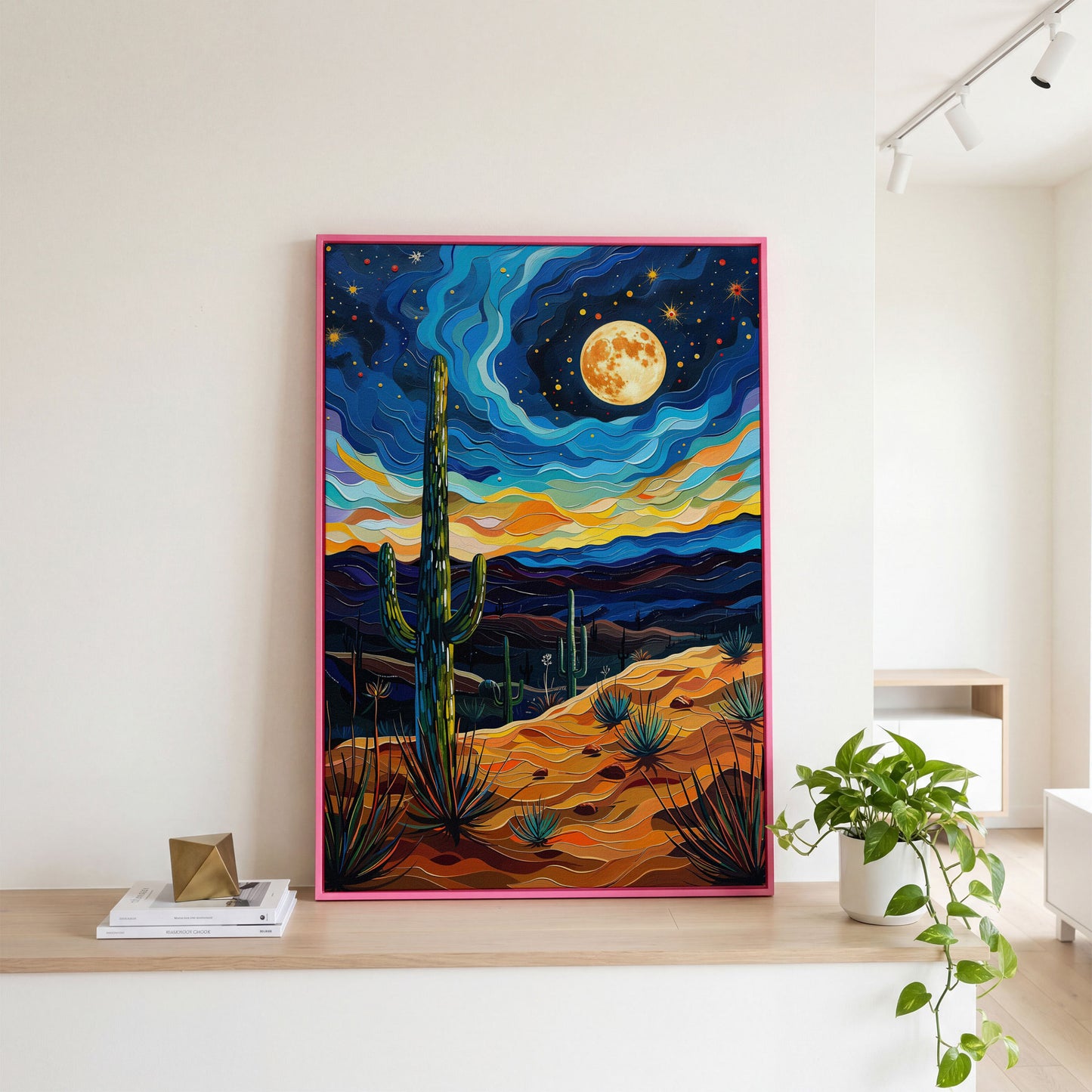 Surreal Desert Night Canvas Print with Vibrant Stars in pink floating frame