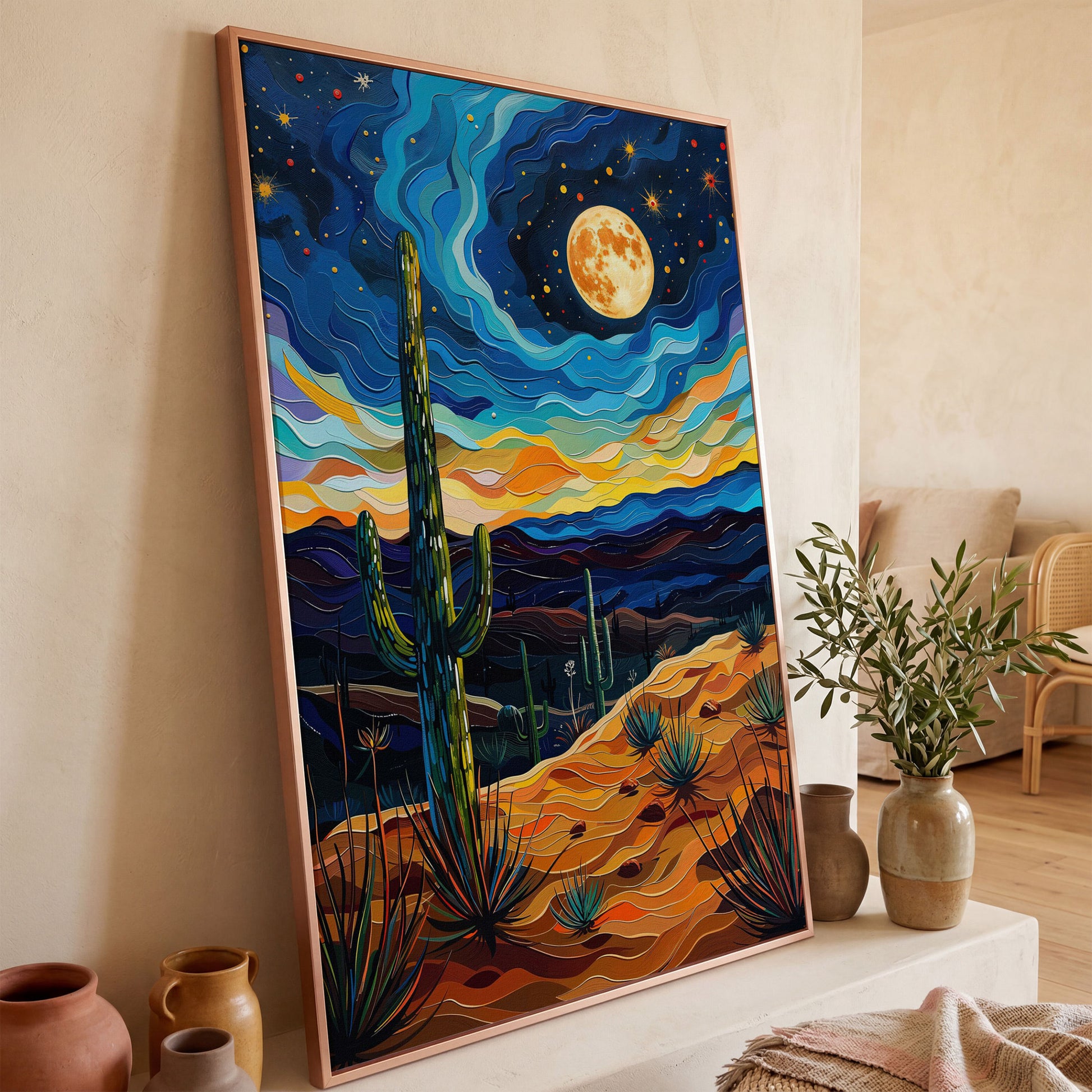 Surreal Desert Night Canvas Print with Vibrant Stars in rose gold floating frame