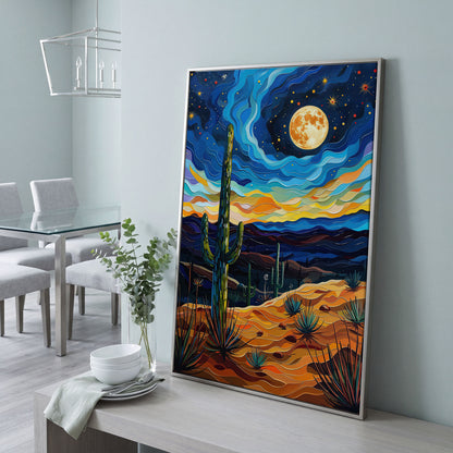 Surreal Desert Night Canvas Print with Vibrant Stars in silver floating frame