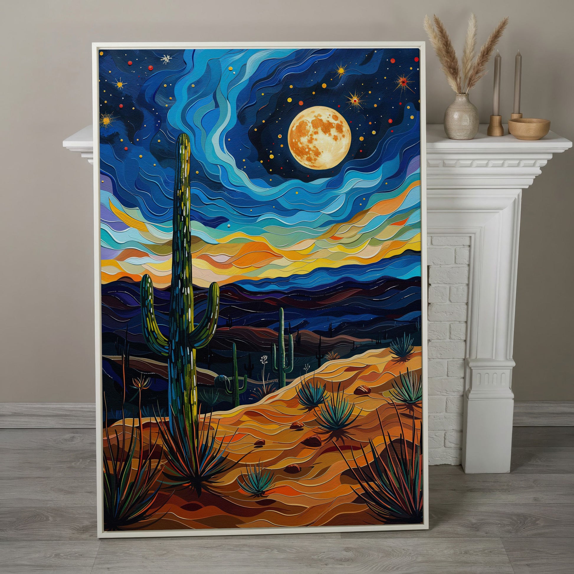Surreal Desert Night Canvas Print with Vibrant Stars in white floating frame