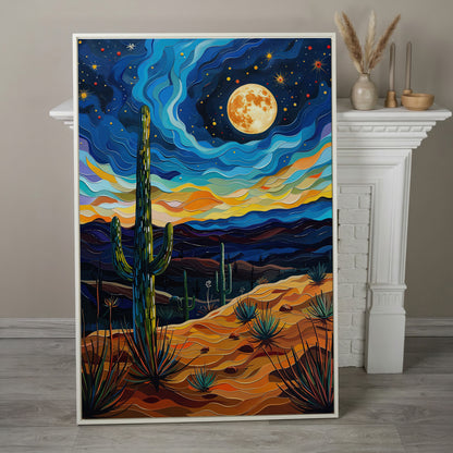 Surreal Desert Night Canvas Print with Vibrant Stars in white floating frame