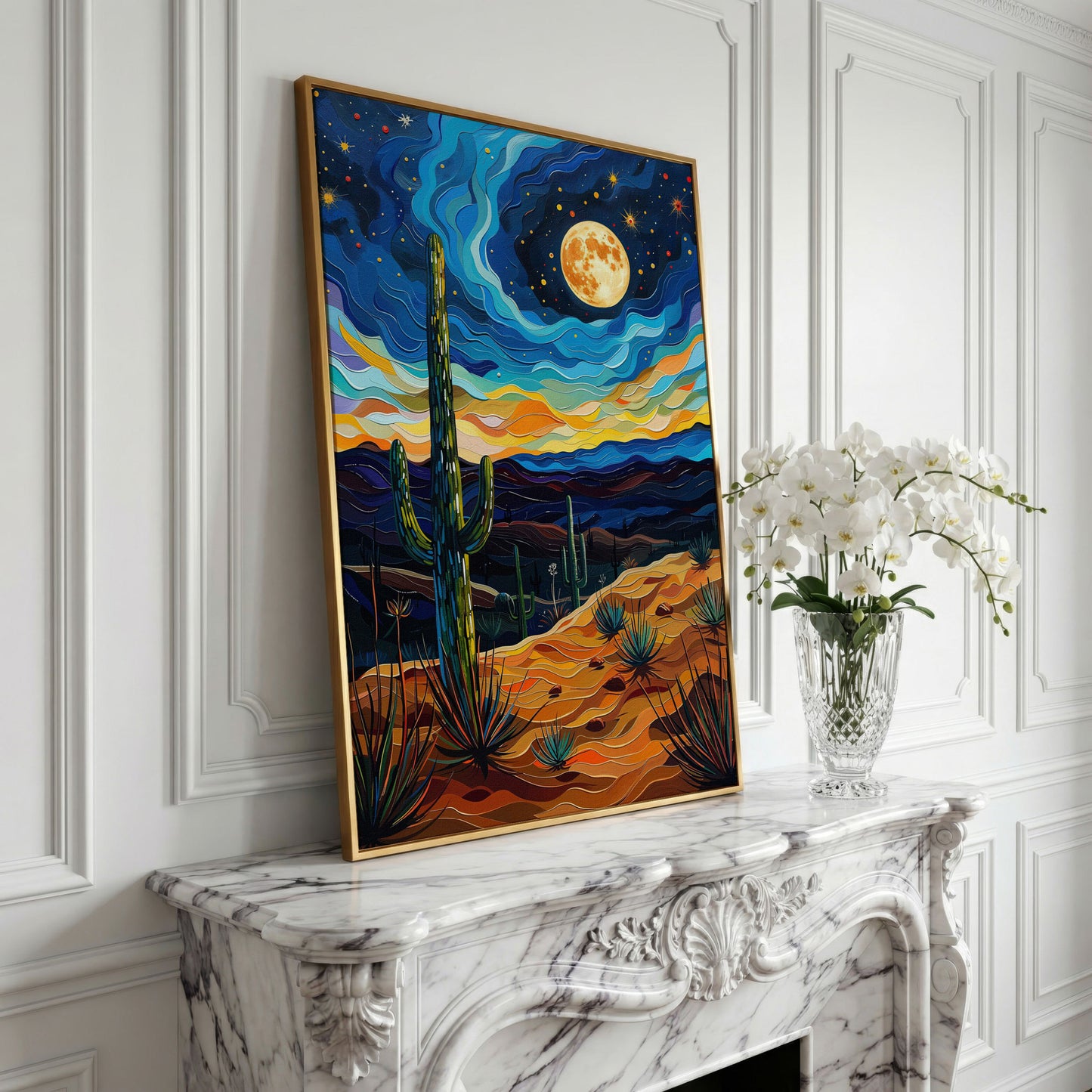 Surreal Desert Night Canvas Print with Vibrant Stars in yellow gold floating frame
