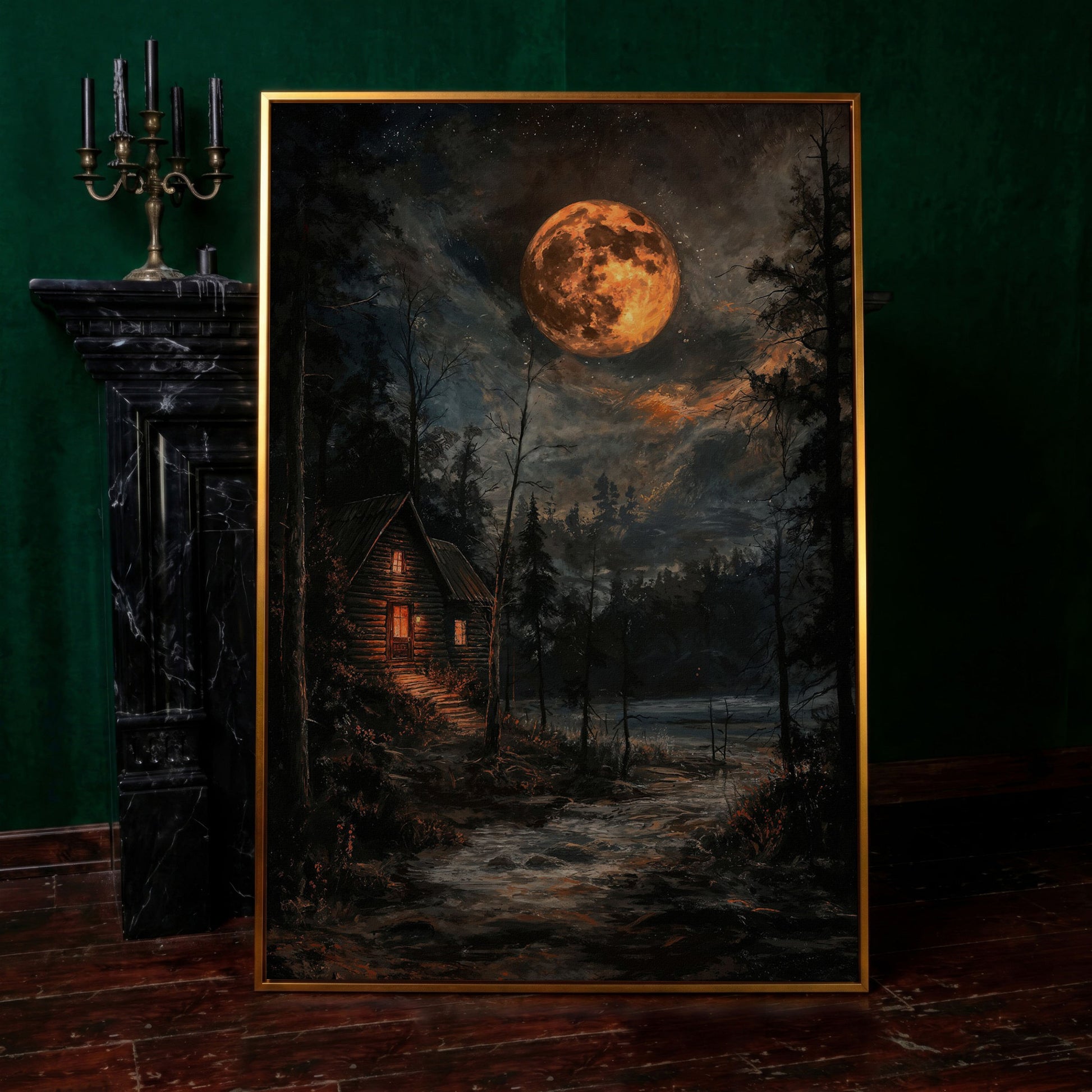 Moonlit Cabin with Starry Skies Canvas in antique gold floating frame