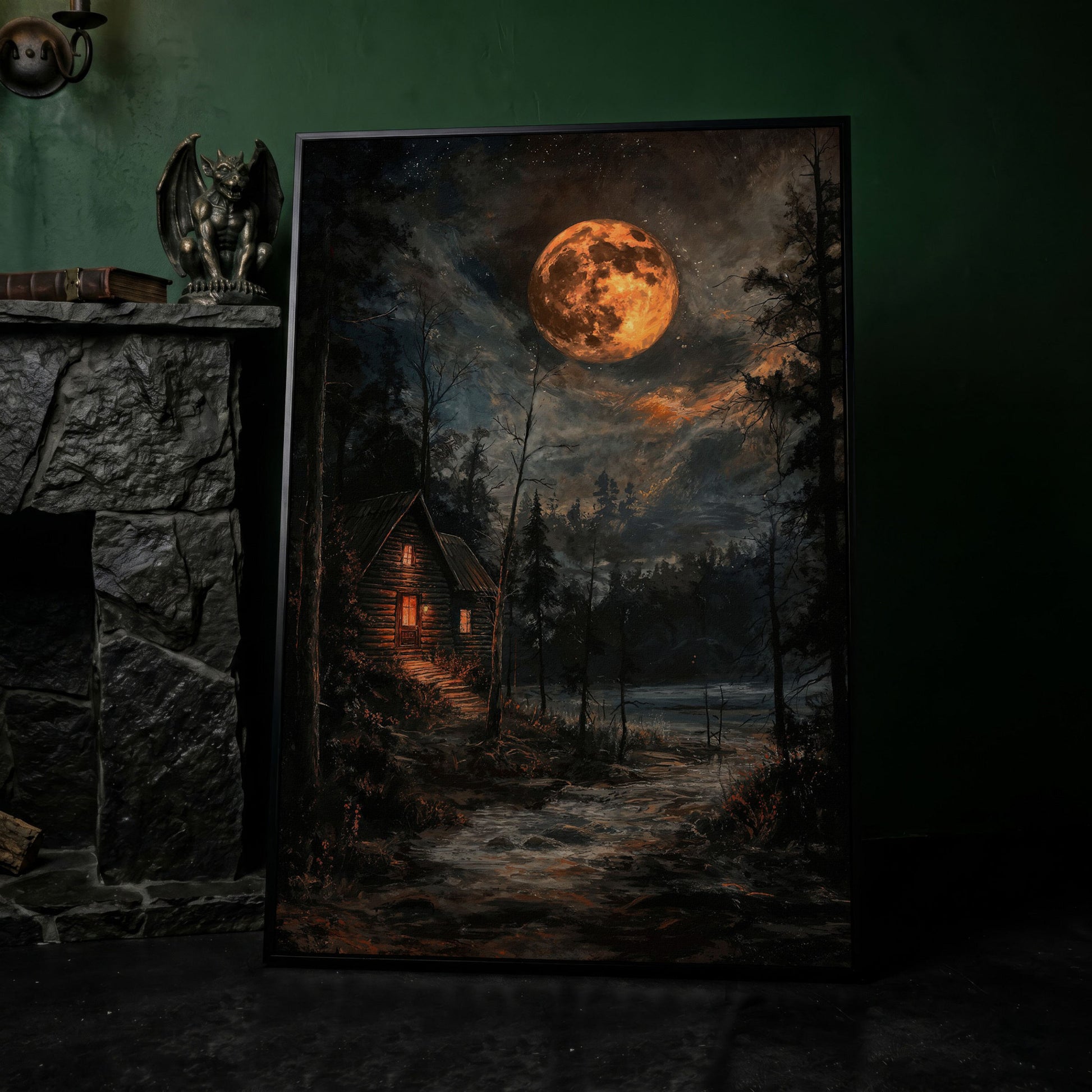 Moonlit Cabin with Starry Skies Canvas in black floating frame