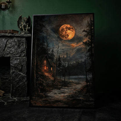 Moonlit Cabin with Starry Skies Canvas in black floating frame