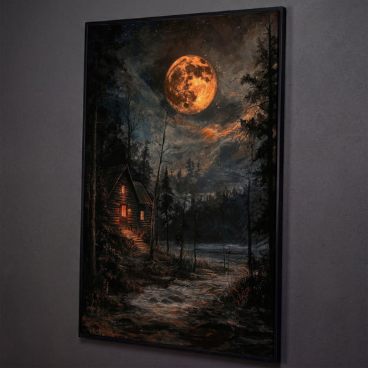 Moonlit Cabin with Starry Skies Canvas shown in black floating frame