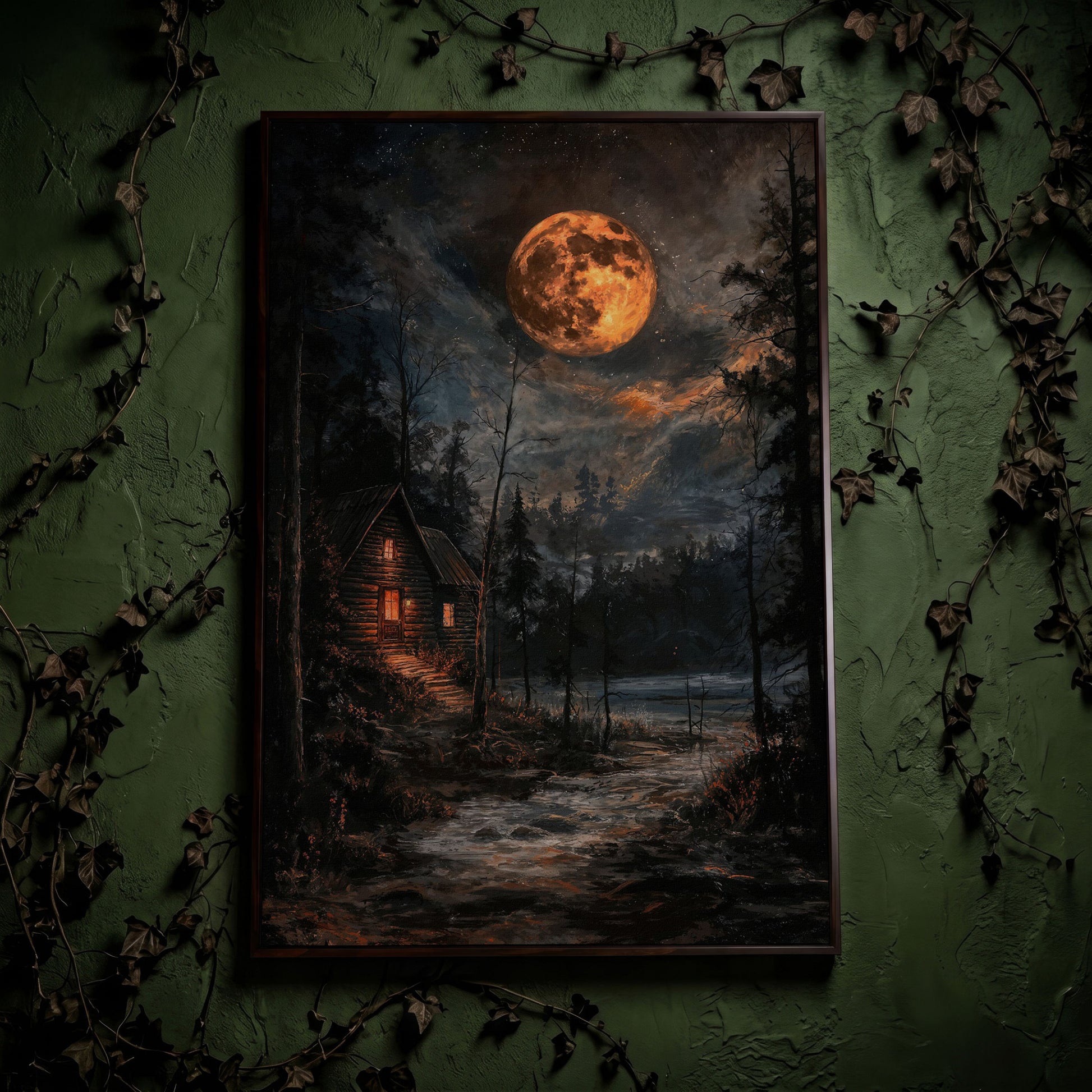 Moonlit Cabin with Starry Skies Canvas in dark walnut floating frame