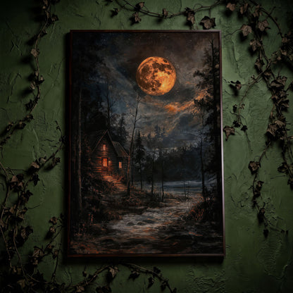 Moonlit Cabin with Starry Skies Canvas in dark walnut floating frame